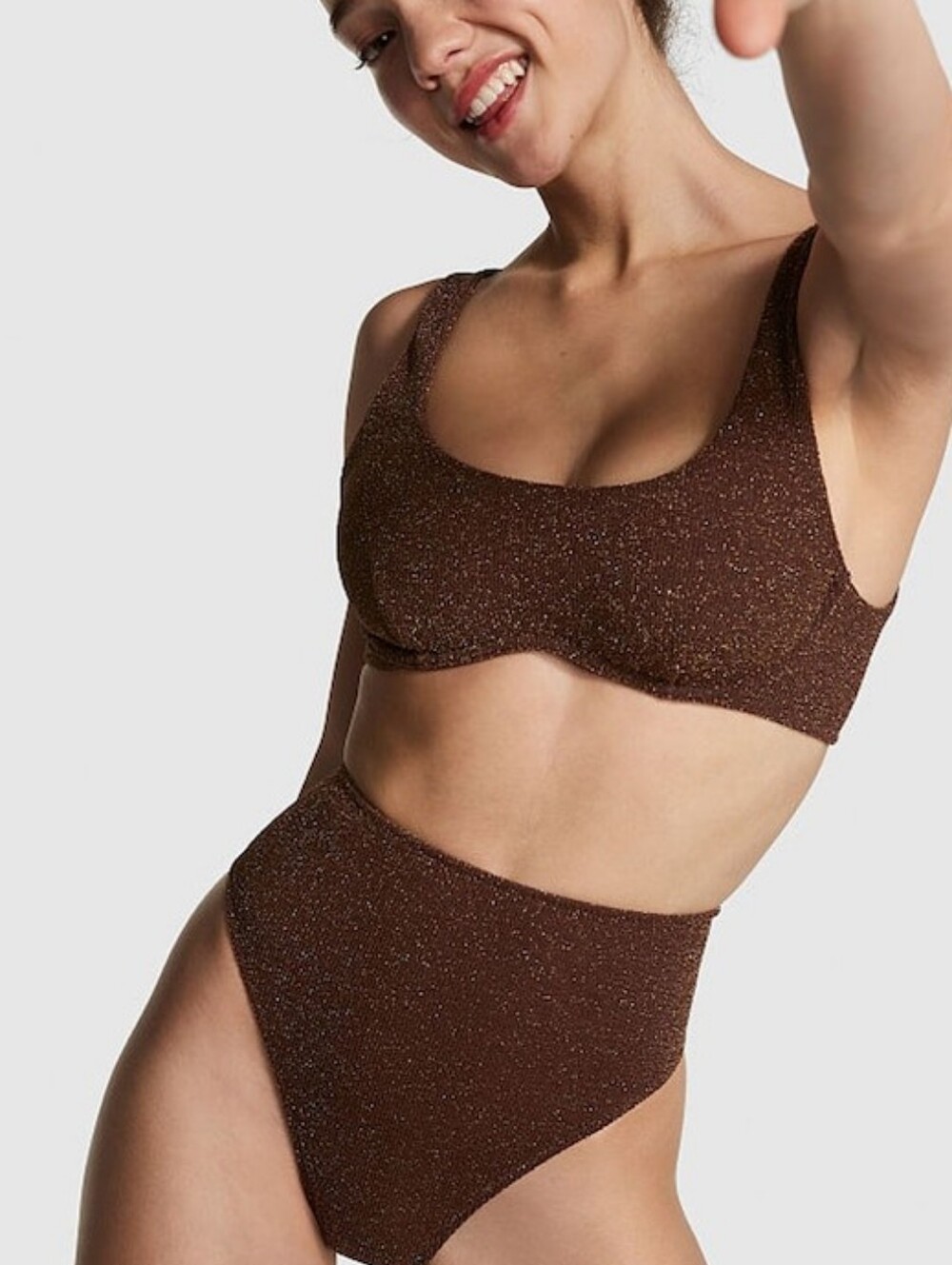 PINK BY VS Ganache Brown Shimmer High Waisted Bikini Bottom